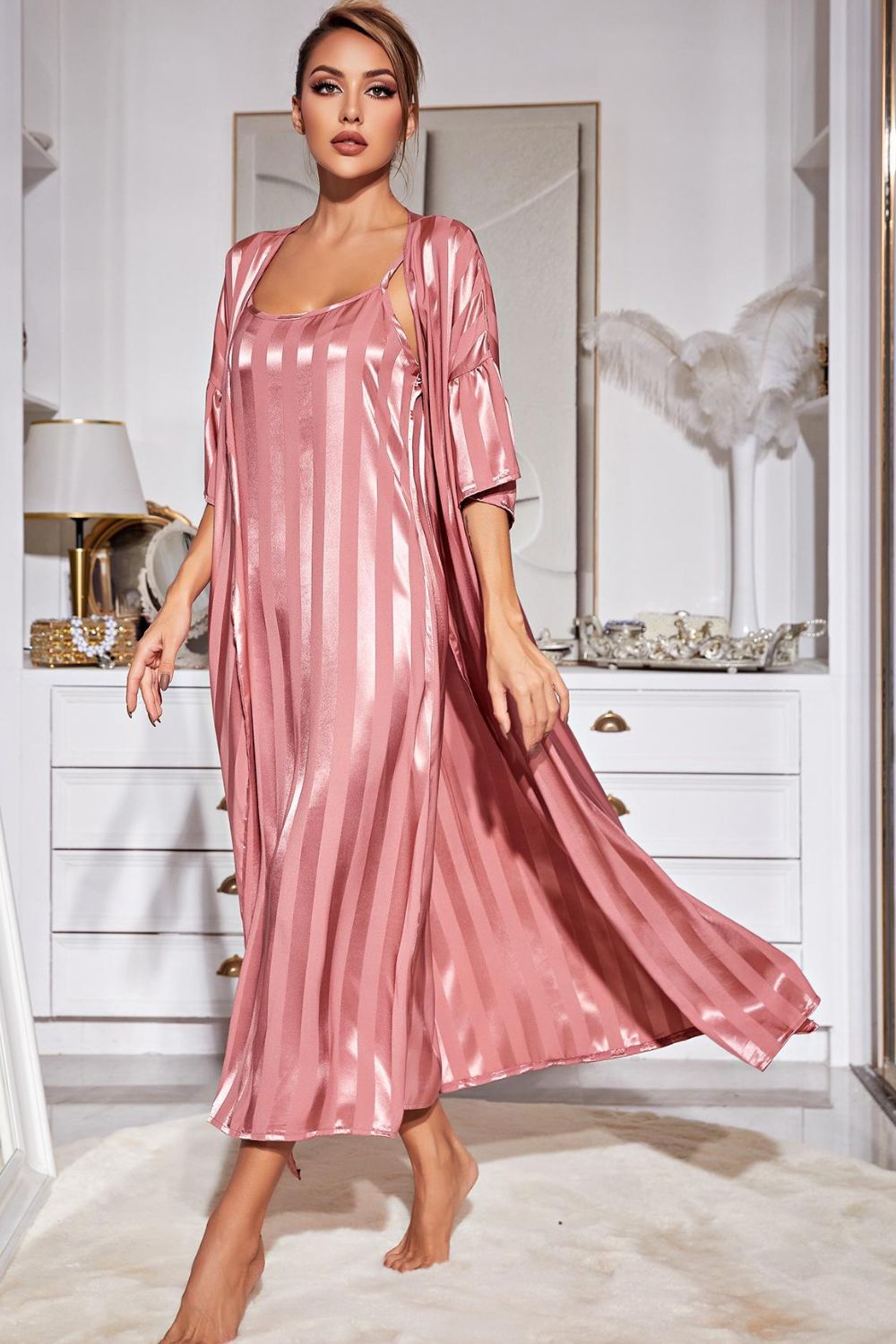 Striped Robe and Gown Set - Quelle's BoutiQue