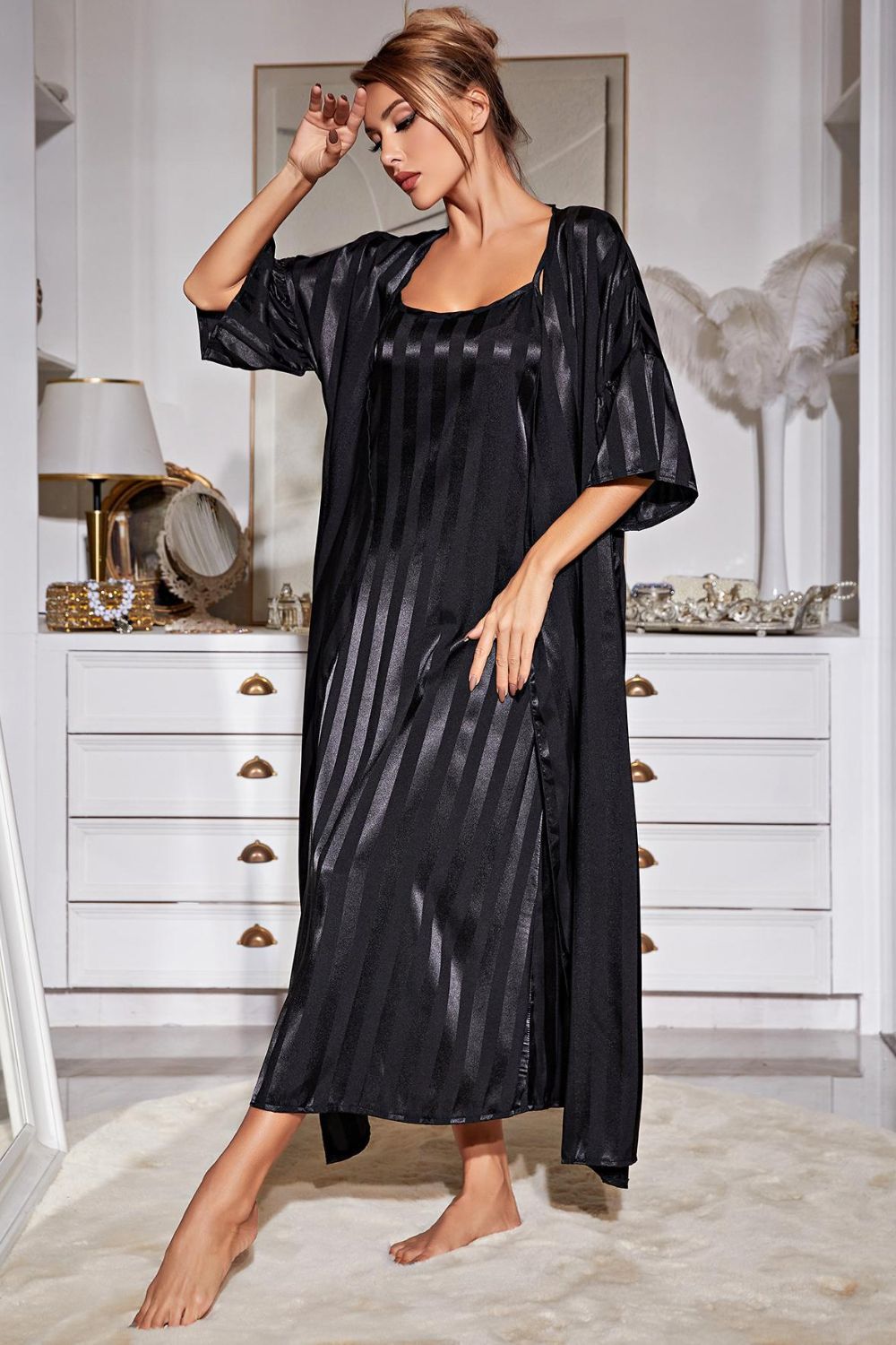 Striped Robe and Gown Set - Quelle's BoutiQue