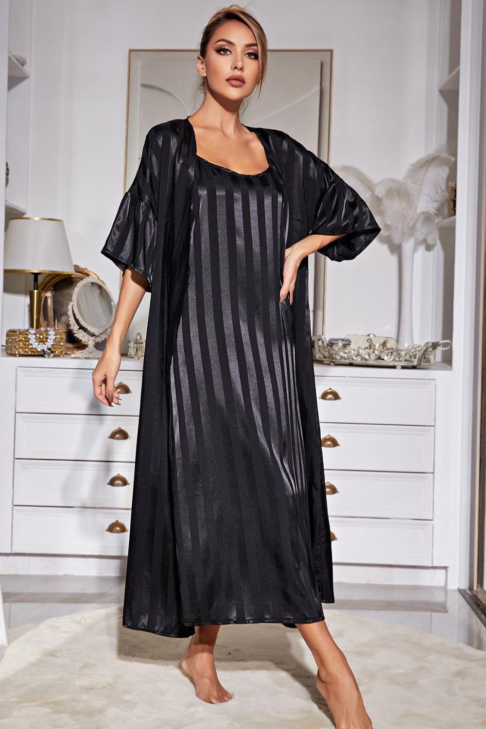 Striped Robe and Gown Set - Quelle's BoutiQue