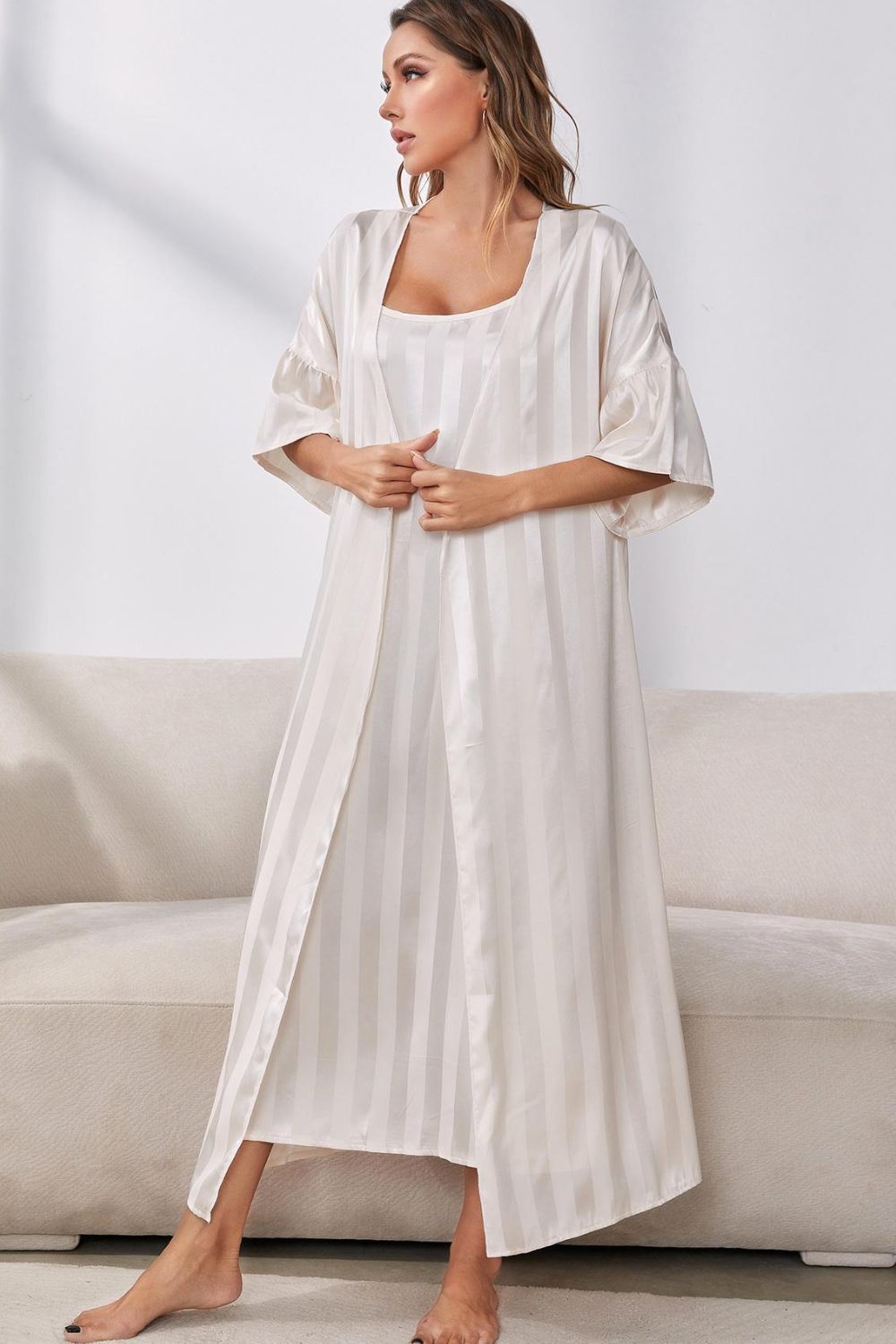 Striped Robe and Gown Set - Quelle's BoutiQue