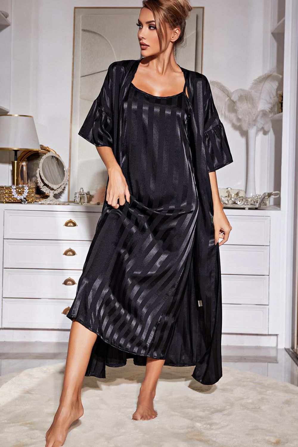 Striped Robe and Gown Set - Quelle's BoutiQue